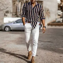 Мужская одежда из хлопка для отдыха, мужская рубашка в полоску с отворотом, мужская рубашка с длинным рукавом на осень