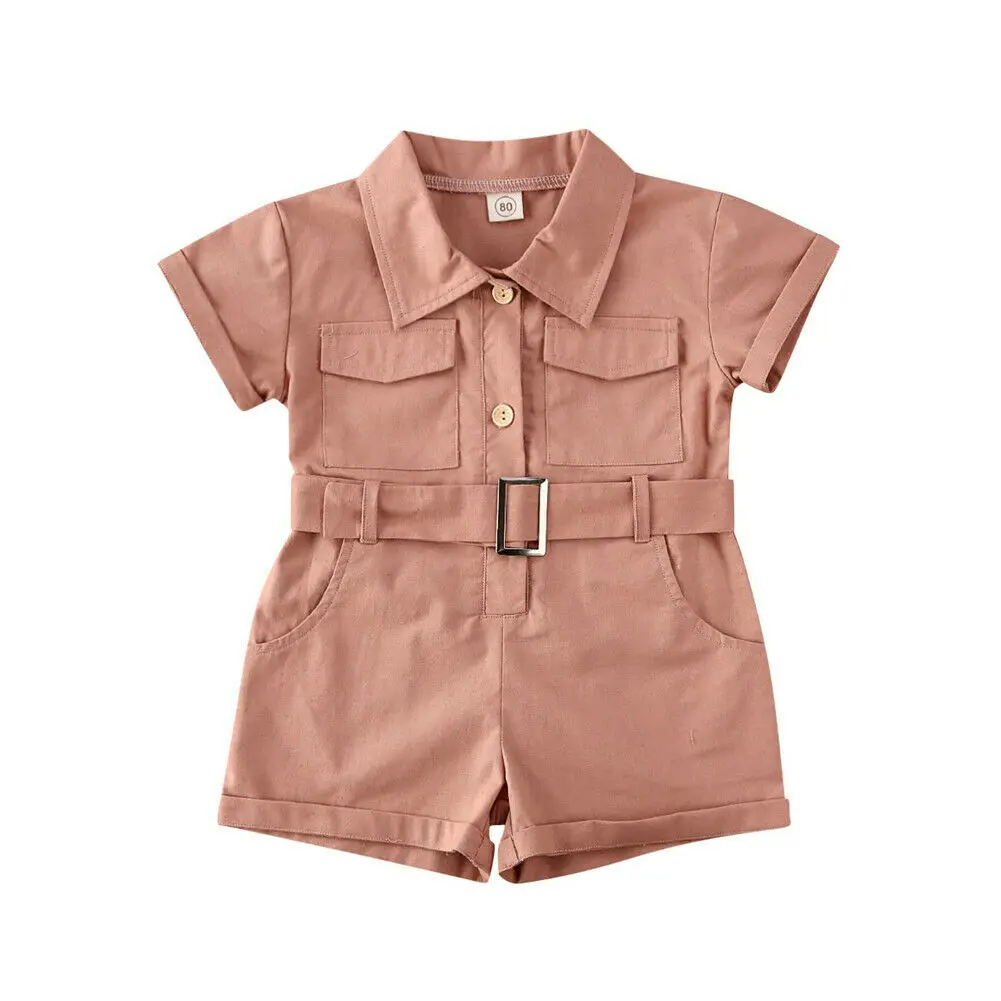 1-6Y Infant Kid Baby Girl Romper Clothes Short Sleeve Solid Single Breasted Playsuit Jumpsuit Outfit With Belt best Baby Bodysuits Baby Rompers