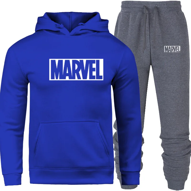 SET-08-bai-MARVEL Брендовый спортивный костюм с принтом MARVEL Модные мужские спортивные толстовки комплекты из двух предметов флисовая плотная Толстовка+ штаны спортивный костюм для мужчин - Цвет: SET-08-bai-MARVEL
