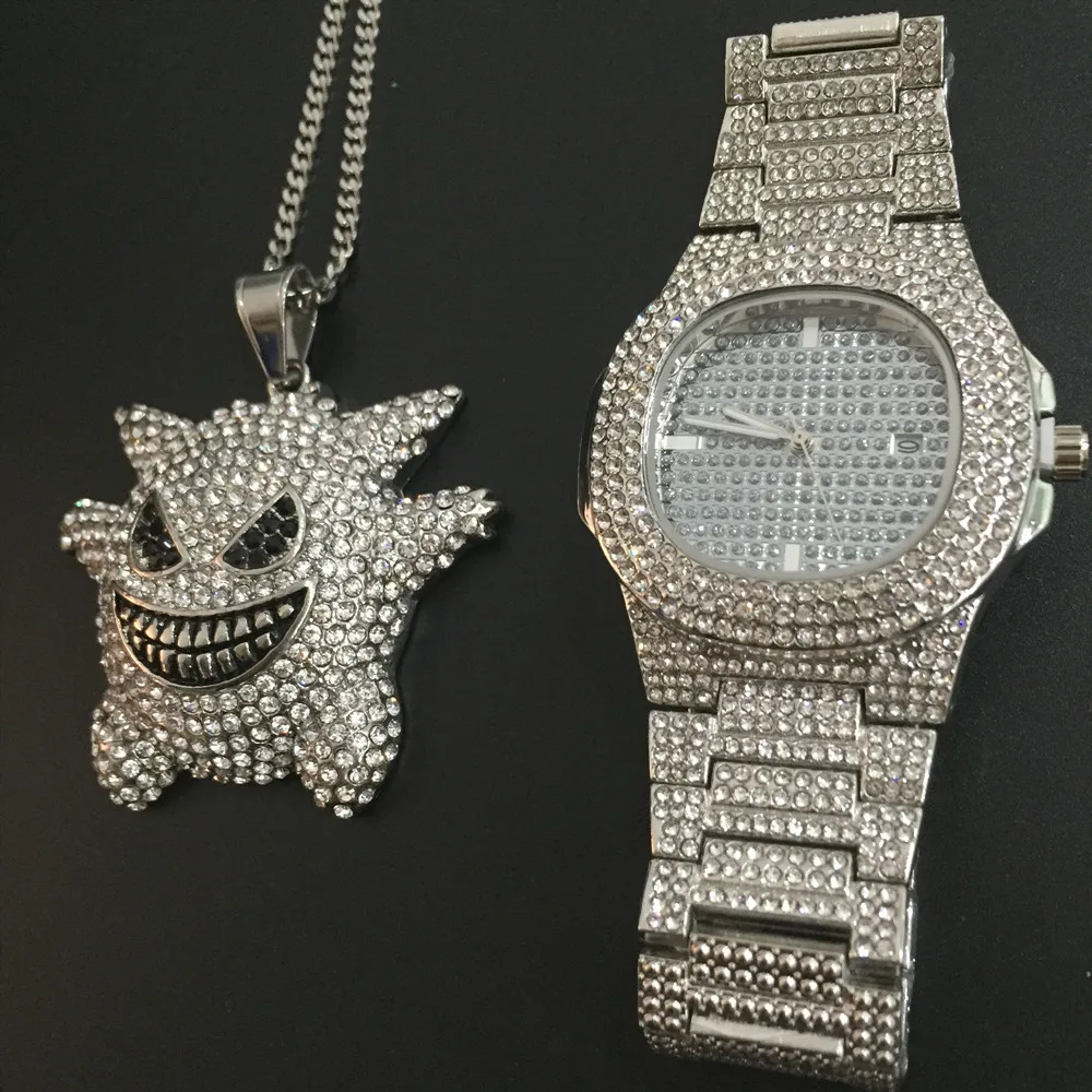 Роскошные золотые ювелирные изделия в стиле хип-хоп, стильные часы и ожерелье, комбинированные часы, мужские часы в стиле хип-хоп, ожерелье с цепочкой, кубинские часы для мужчин - Цвет: Другое