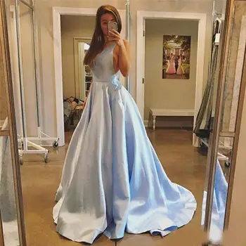 

Modest A-Line Prom Dresses 2020 V Neck Backless Sleeveless Draped Formal Evening Dress Sweep Train Satin Plus Size Party Go