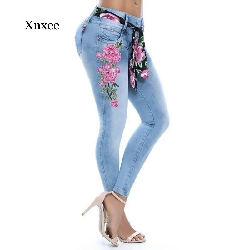 

Embroidered Jeans Push up Skinny Pant Summer Sexy Women Pants Vintage High Waist Elastic Slim Spring Lady Plus Size long pants