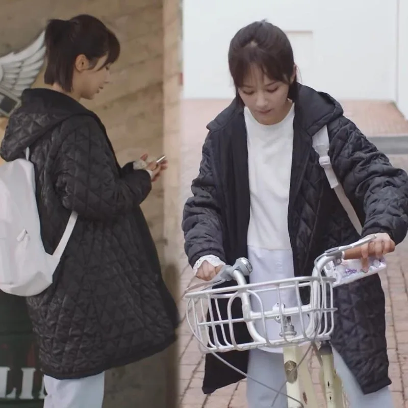 

Dear Love Andy Celebrity Style Rhombus Pattern Hooded Cardigan Mid-length Thin Cotton Coat Korean-style Cotton Overcoat