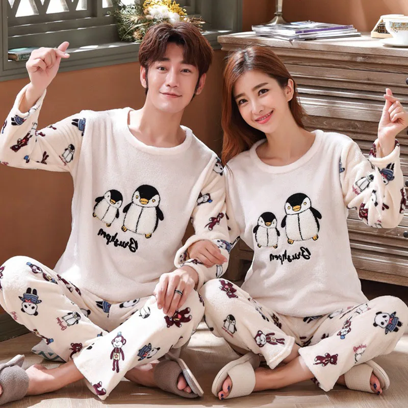 Winter Couple Pajamas Unisex Adult Warm Pajamas Set Men Sleepwear Flannel Thickening Home Wear 2 Pcs Animal Cartoon Home Clothes