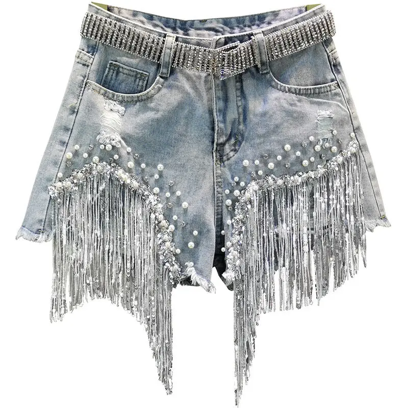 Female Denim Shorts 2021 Summer Wear New High Waist Slimming Heavy Beaded Sequin Fringed Ripped Wide Leg Pants Jeans Hot Pants bike shorts Shorts