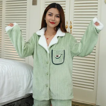 

2020 Autumn Winter Women's Flannel Pajamas Sets Thicken Warm Sleepwear Long Sleeve Nightwear Casual 2Pcs Pyjamas