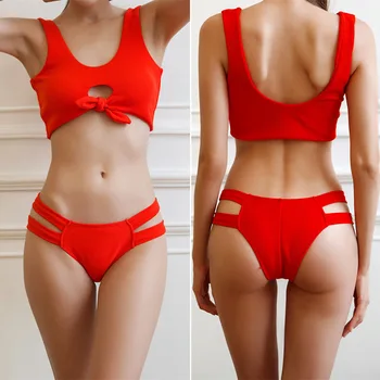 

2020 New Style Chest Knotted Bikini Solid Color Two-Piece Swimsuits Women's Sexy Swimsuit Bikini