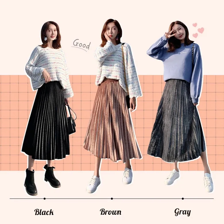 white tennis skirt 2021 Gold Velvet Pleated Skirt Women's Skirts Spring and Autumn New Korean A-line Skirt High Waist Mid-length Umbrella Skirt purple skirt