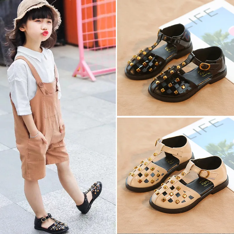 ULKNN 20 Summer New Girls Sandals Korean Version Of Baotou Hollow Rivet soft-soled shoes, Children Shoes Fashion Princess
