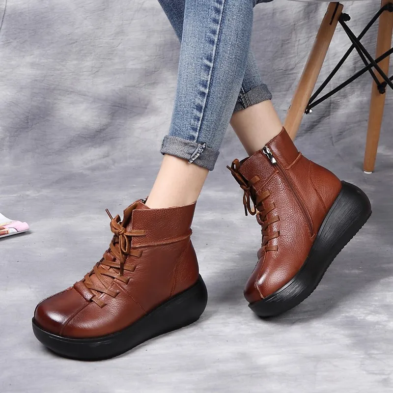 

Mother Boots Genuine Leather Cross Tied Ankle Boots Women Platform Short Boots for Women Wear Resistant Winter Warm Ladies Shoes