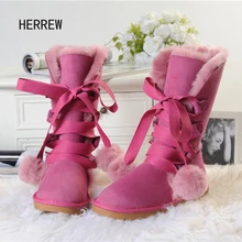 HERREW-Botas altas de nieve para mujer, botines largos de piel de oveja auténtica con cordones, de lana cálida y piel Natural, 100%