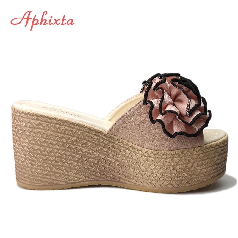 Aphixta 여성용 플라워 웨지 힐 슬리퍼, 암소 스웨이드 보우, 여성 뮬러, 여성 4cm 플랫폼 샌들, 클로그 슈즈 슬라이드, 9cm