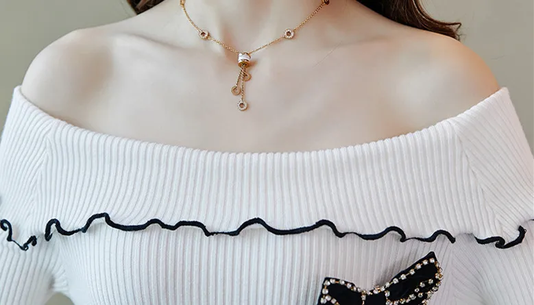 WHITNEY WANG осень зима модная уличная одежда сексуальное гофрированное платье с вырезом лодочкой с бриллиантами и бантом вязаное женское милое зимнее платье