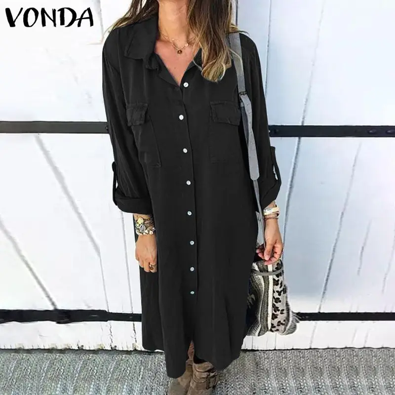 Goede Vonda Office Dames Jurk Vrouwen Casual Losse Revers Hals Lange Mouwen Dress Party Vestidos 2019 Herfst Gewaad Plus Size Zonnejurk