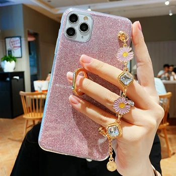 

Soft Silicone Glitter Case For iPhone 11 Pro Max XR XS X S R 8 7 6 S 6S Plus 11Pro With Ring Holder Wrist Lanyard Pink Covers