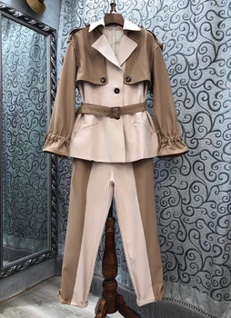 

2020 Early Autumn New Women's Color Matching Stitching Buckle Waist Hugging Long-Sleeved Upper Garment Pants Casual Suit 716
