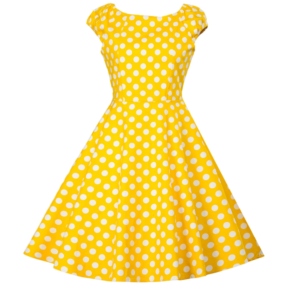 Женское винтажное платье в горошек желтое хлопковое Повседневное стиле ретро