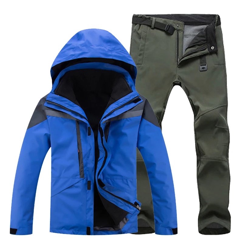 TRVLWEGO, мужской лыжный костюм для улицы, набор зимних походов, лыж, водонепроницаемая куртка, Флисовая теплая, для рыбалки, треккинга, лыжная куртка+ штаны, разные цвета - Color: blue army green