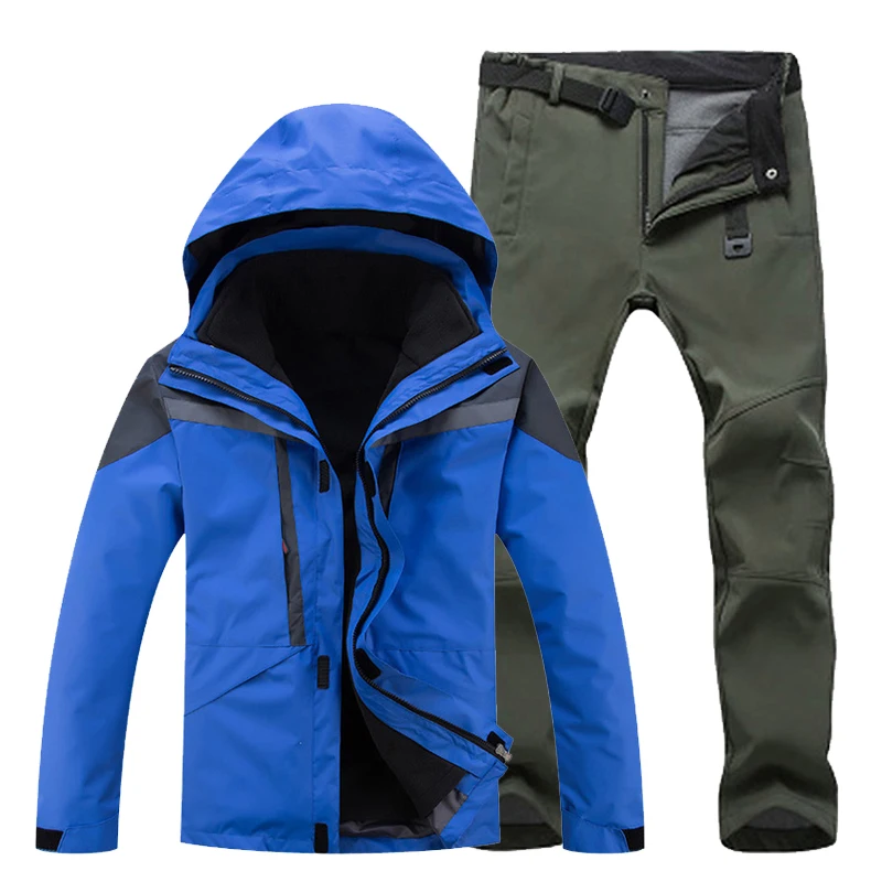 blue army green TRVLWEGO, мужской лыжный костюм для улицы, набор зимних походов, лыж, водонепроницаемая куртка, Флисовая теплая, для рыбалки, треккинга, лыжная куртка+ штаны, разные цвета - Color: blue army green