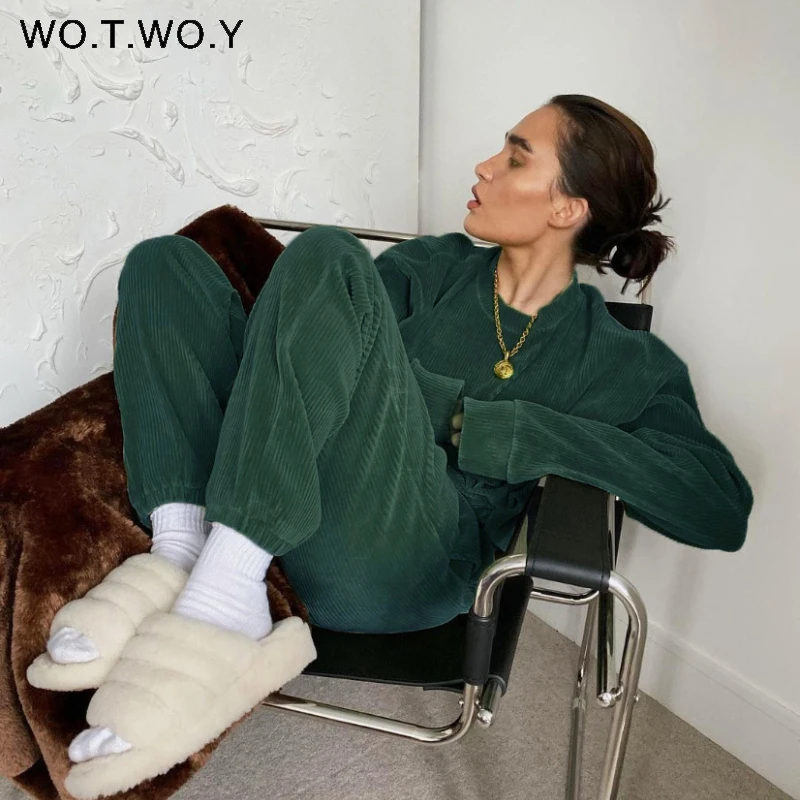 Женский вельветовый пуловер WOTWOY повседневный комплект из 2 предметов оверсайз и