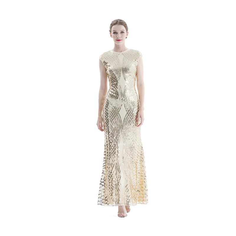 

Sexy Dresses Women Vintage Bodycon O-neck 1920s Sequin Beaded Tassels Party Night Mesh Flapper Gown Sleeveless Maxi Dress