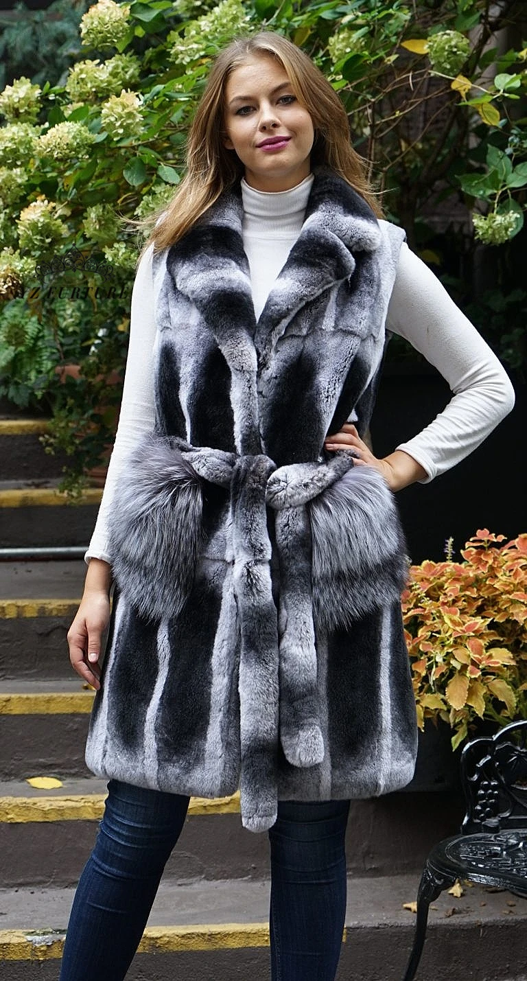 Шиншилла меховой жилет для женщин Настоящий мех кролика жилет полосатый толстый теплый натуральный мех жилет длинный стиль 85 см модный бренд