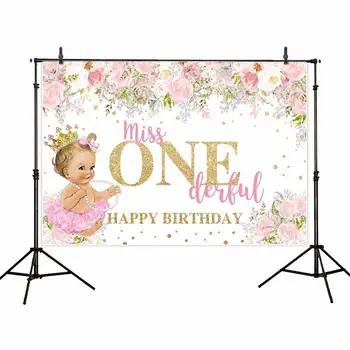 

Allenjoy Miss Onederful girl birthday party backdrop banner princess pink flowers baby shower customize background photocall