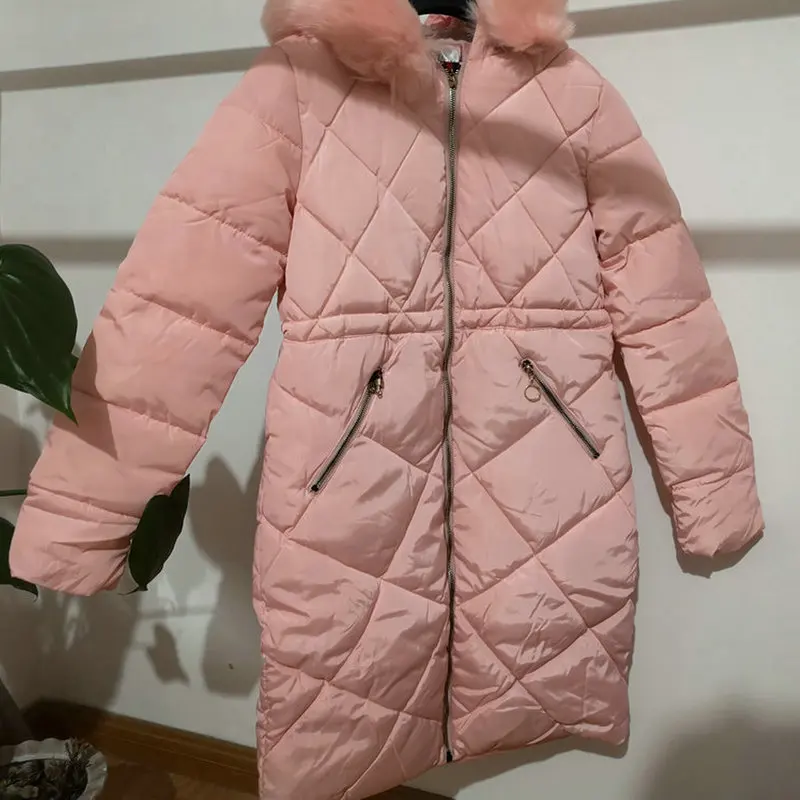 

Winter Women Pink Parkas Fur Hem Hooded Puffer Basic Coats Female Zipper Front Puff Hood Jacket Woman Thic Warm Padded Outerwear