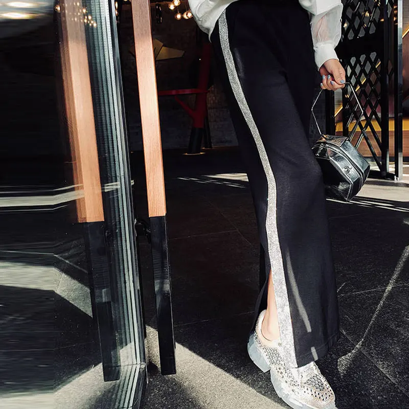 Корейские повседневные широкие брюки с разрезом Капри яркие дрели с боковой полосой Harajuku брюки для женщин брюки с высокой талией женские 269