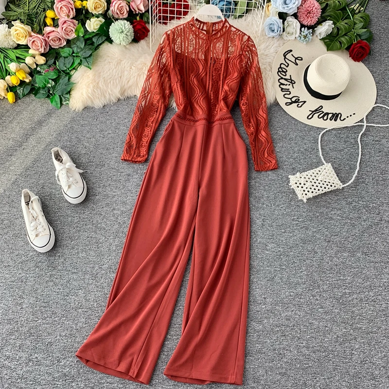 Autumn Fashion Sexy Lace Hollow Stitching Wide-legged High Waist Long Sleeve Jumpsuits Women Solid Color Elegant Overalls J897