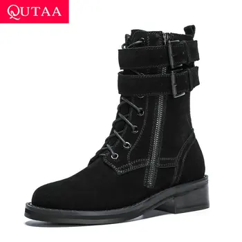 

QUTAA 2020 Middle Heel Cow Leather All Match Women Shoes Autumn Winter Fashion Lace Up Buckle Zipper Mid Calf Boots Size 34-39