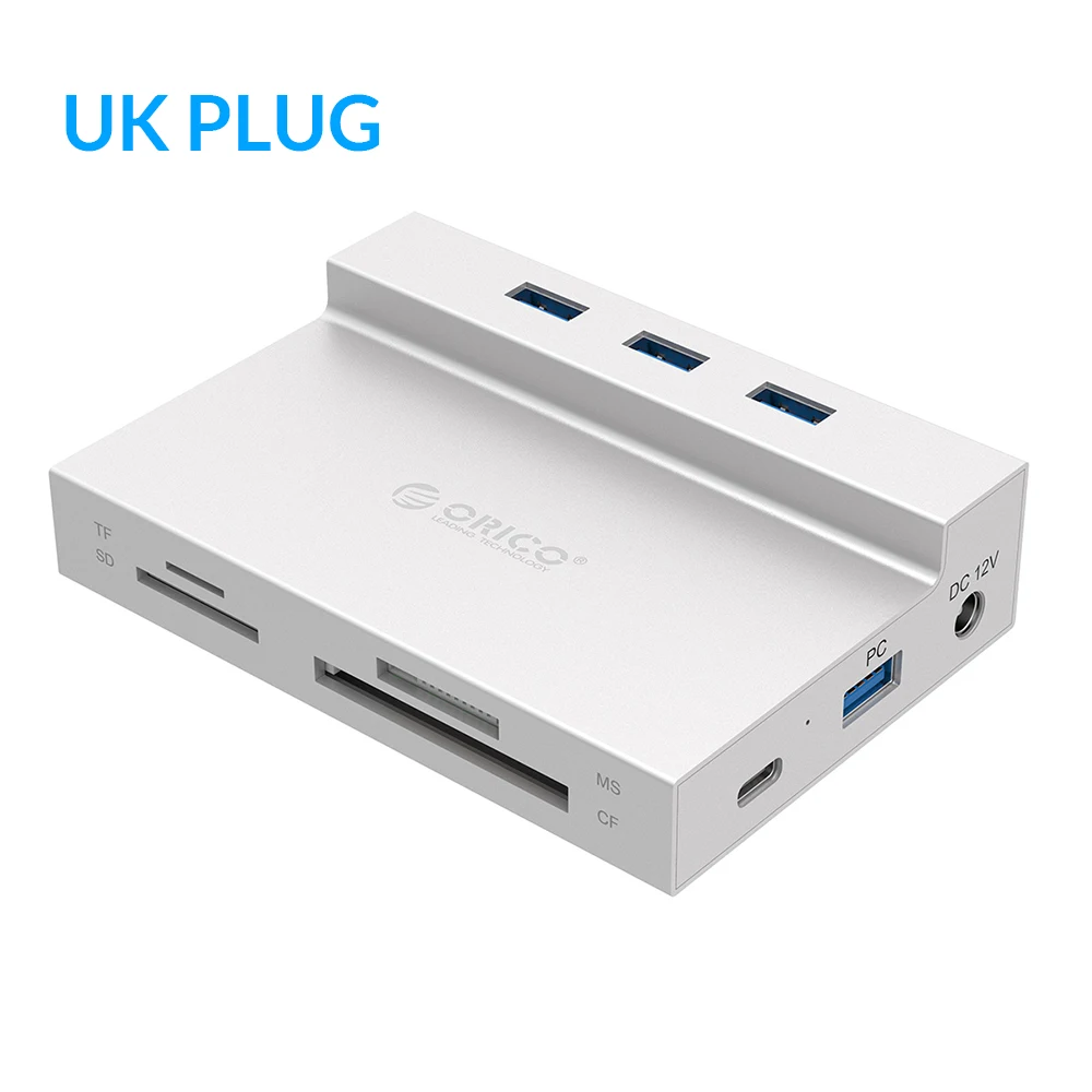 ORICO USB 3.0 HUB to Multi USB3.0 RJ45 SD/TF/MS/CF Type C Adapter Splitter Card Reader Dock Support BC1.2 Charging For Computer - Color: Sliver UK Plug