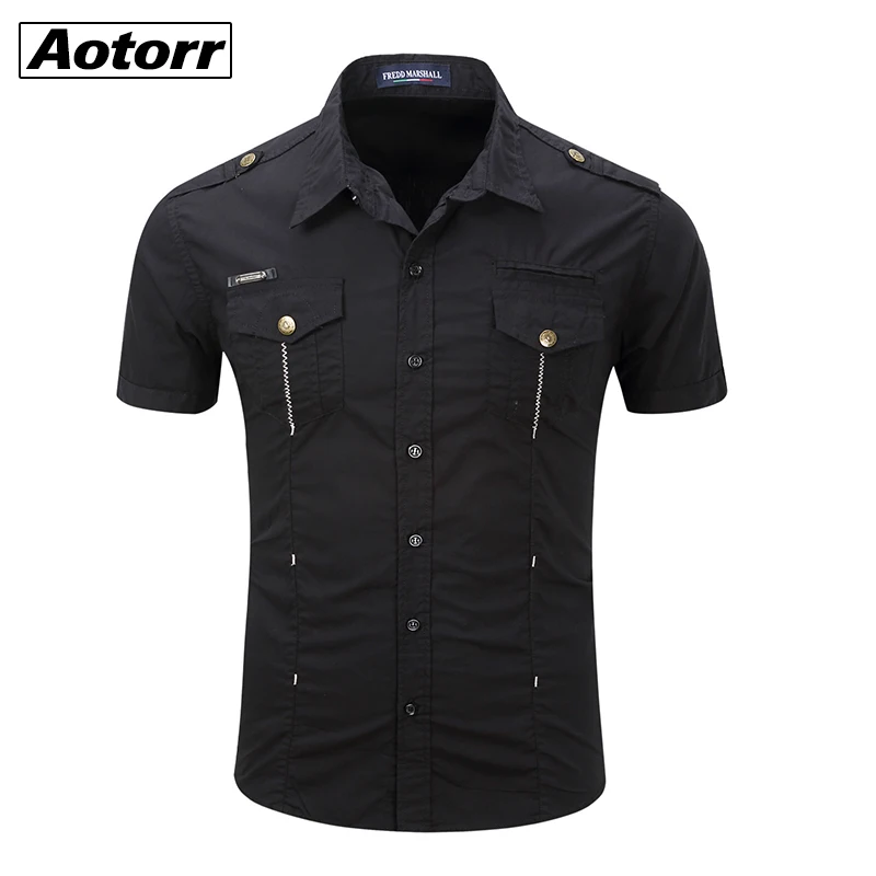 Uniforme militar de manga corta para hombre, camisas de algodón, camisa de trabajo, Tops informales, botón abajo, parche en el pecho, bolsillo, solapa, novedad