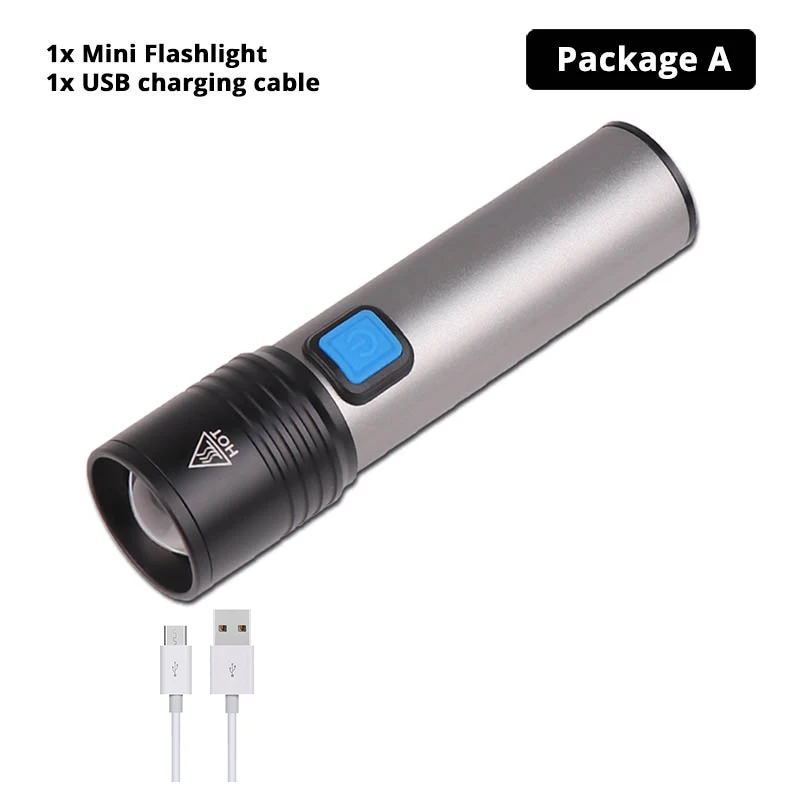 Package A Светодиодный фонарик Mini T6, портативный фонарь, встроенный аккумулятор 1200 мА · ч, перезаряжаемый через USB, водонепроницаемый, телескопический, с зумом, домашнее, уличное освещение - Испускаемый цвет: Package A