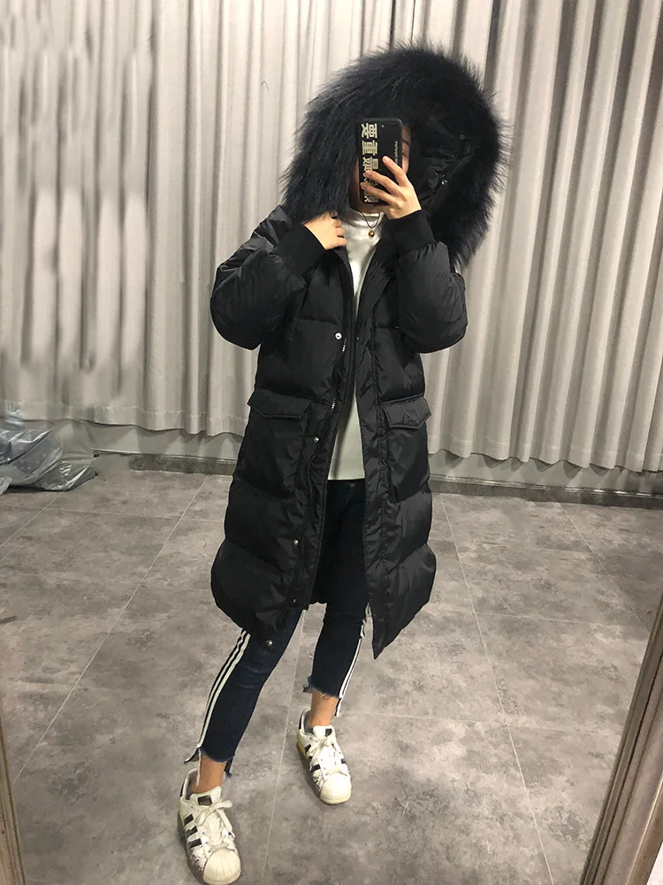 Большой меховой воротник Женская Мода пуховик средней длины Slim Fit зима стиль корейско-Стиль для похудения талии облегающие ботфорты