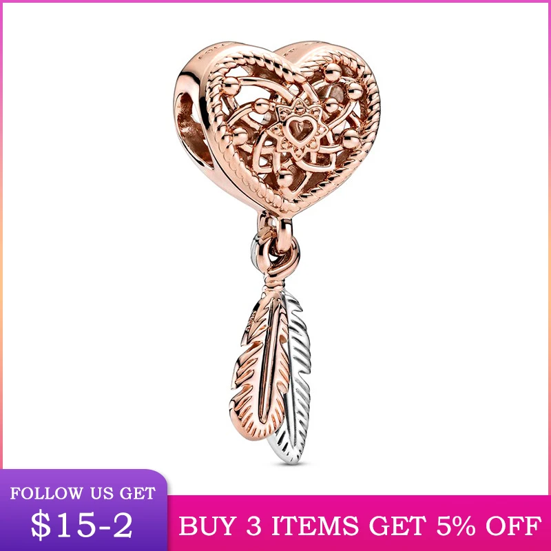 

LByzHan 925Silver 2020 New Rose Gold Openwork Heart Two Feathers Charm Beads Fit Original 3mm Charm Bracelet Jewelry Gift