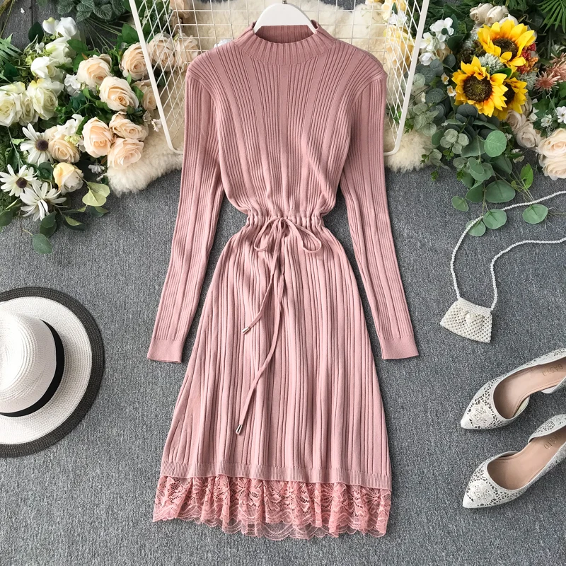 Модное кружевное трикотажное платье свитер в стиле пэчворк женское однотонное