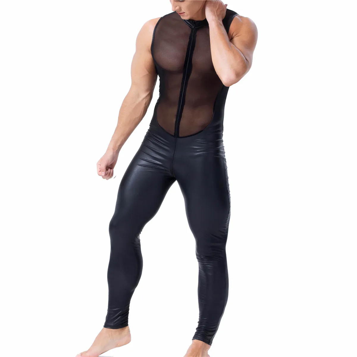 2XL, сексуальные мужские боди, с вырезами, сетчатые, из искусственной кожи, комбинезоны, бодичулок, латексные, цельные, Wetlook, нижнее белье на молнии, костюм для геев