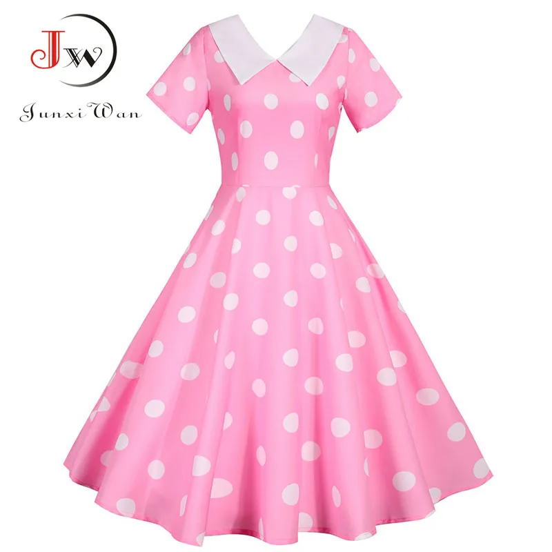 Robe mi-longue à pois roses pour femmes, manches courtes, col
