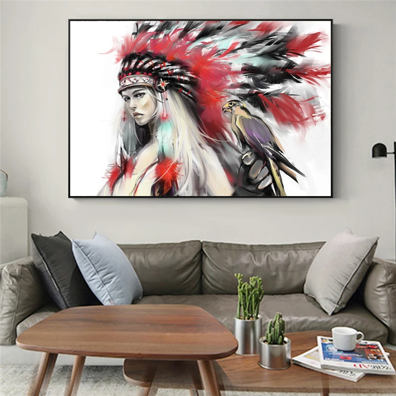 

Watercolor Indian Girl Canvas Paintings on The Wall Girl with Parrot Posters and Prints Wall Pictures for Kids Room Decoration