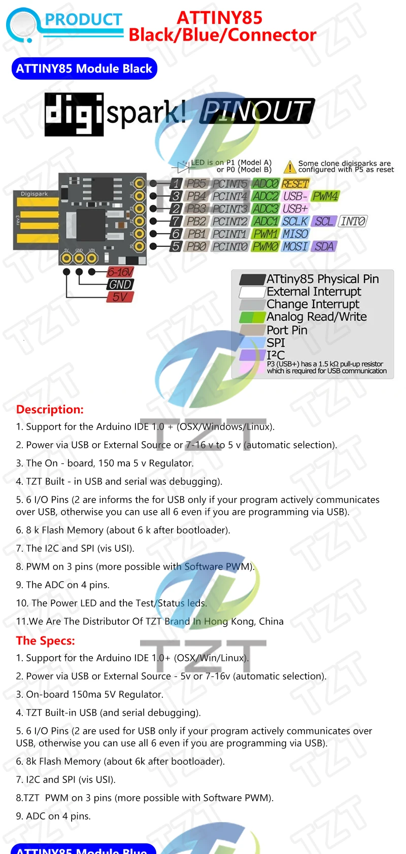 1/3PCS TINY85/ATTINY85 Digispark Kickstarter Micro Development Board ATTINY85 Modul für Arduino IIC I2C USB Blau Schwarz – Detail 1