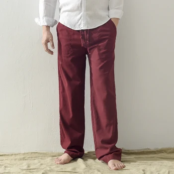 

Mens Cotton Linen Long Trousers Beach Pants Breathable Outdoor Casual Male Solid Elastic Waist Straight Loose Pants Plus Size