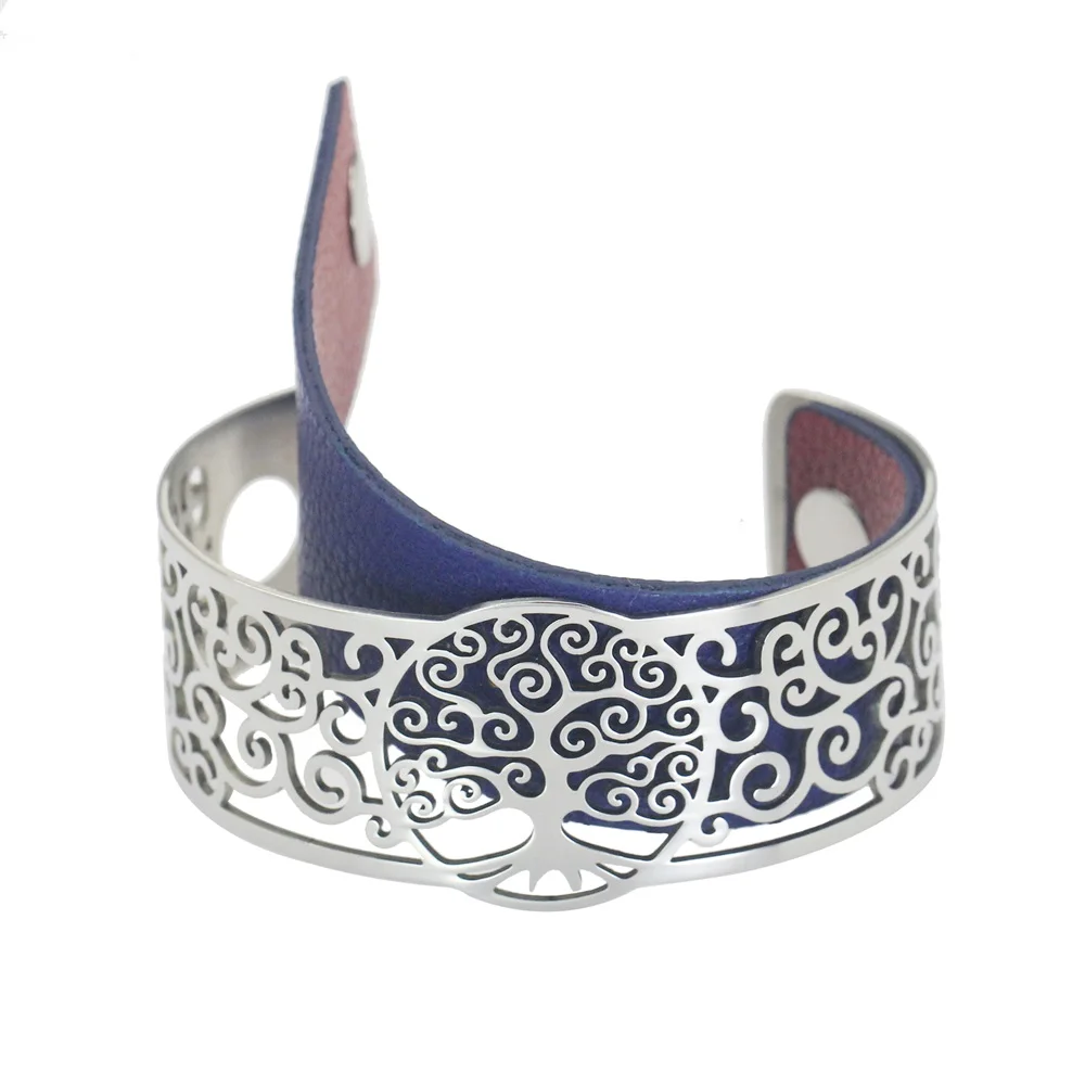 Life Tree Cuff Bracelets  & Bangles For Women Bijoux Stainless Steel Bracelet Manchette Interchangeable Leather Jewelry 2022