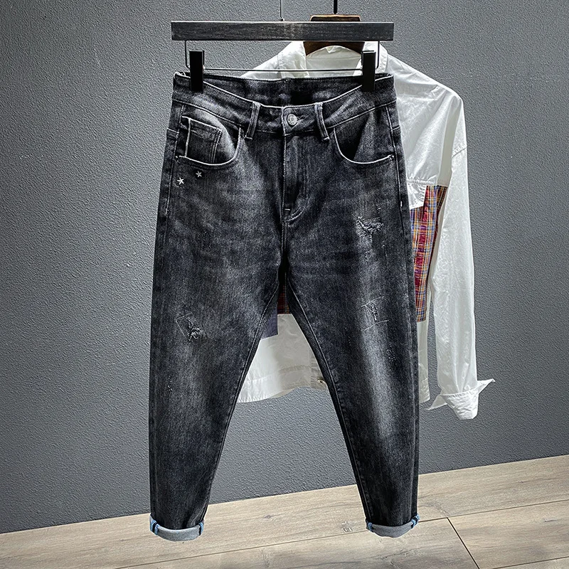 

2Y autumn loose thin puffy grey small foot hole jeans young men's embroidered casual stretch jeans long pants wholesale jeans