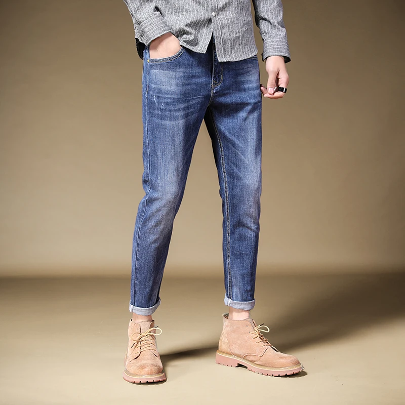Summer Men's Thin Blue Jeans Stretch Slim Fit Ankle-Length Pants Causal Streetwear Denim Trousers