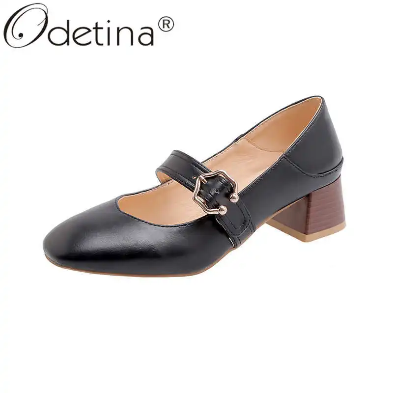 

Odetina Women Fashion Square Toe Non-slip Sewing Casual Shoes Female Block Mid Stacked Heel Buckle Strap Elegant Loafers Shoes
