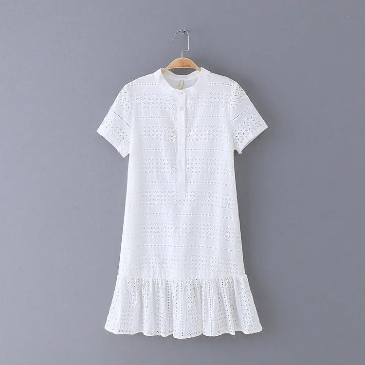 

One's Summer New Style Hollow out Embroidery Solid Color Slimming Slim Fit Short Sleeve Women's Fashion Dress Entity