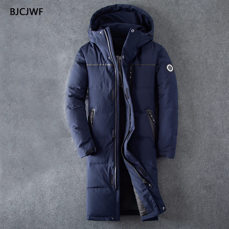 

BJCJWF 2019 Men's down jacket Male Fashion X-Long White duck down coat Thick warm Hooded Windproof clothes Top Quality Outwear