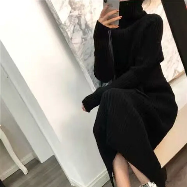 SHIJIA Autumn thicken long sweater dress woman turtleneck super Chic long-sleeve warm knit dress ladies winter clothing