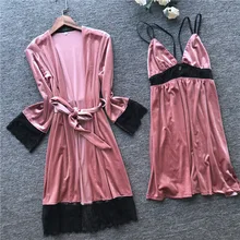 Velvet Winter Women's Robe& Gown Sets Sleep Lounge Pijama 2 Pieces Ladies Nightwear Bathrobe+Night Dress With Chest Pads
